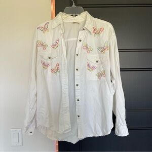 Tia Garden Embroidered Colorful Butterflies Womens Button UpTop